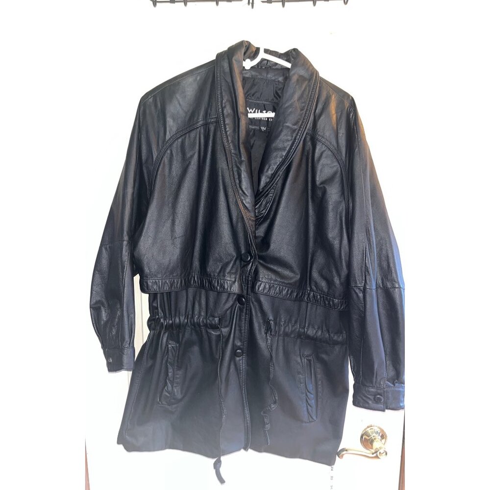 VTG-Wilsons- women’s-Leather- L, black-lined, snaps, tie waist, pockets, Jacket